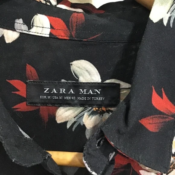 Zara Men Size Med Black Button Up Collard Dress Shirt Floral Hawaii Lightweight - Picture 5 of 10